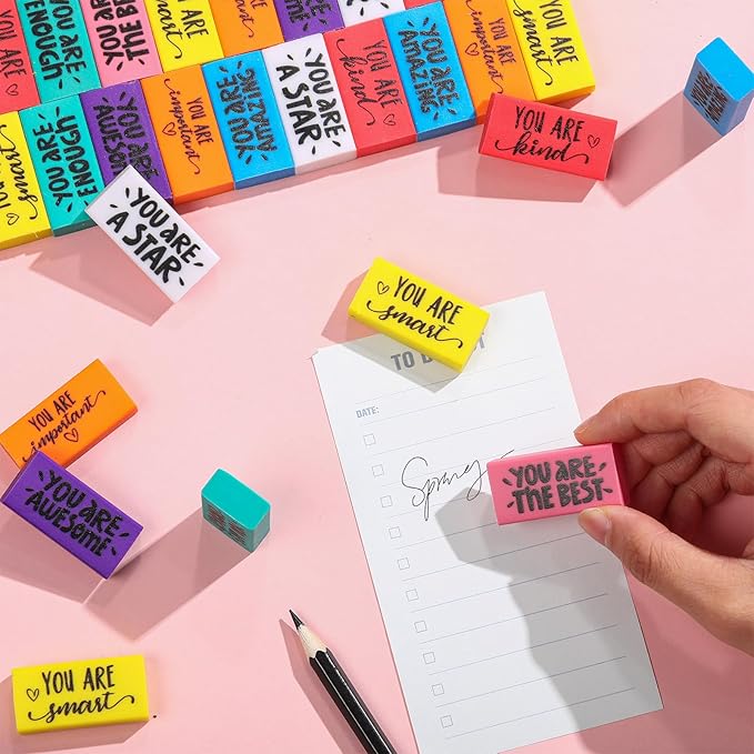 PerKoop 50 Pcs Inspirational Erasers Bulk Back to School Gifts Colorful Motivational Pencil Erasers for Kids First Day of School Favors for Students Teachers Classroom Office Supplies
