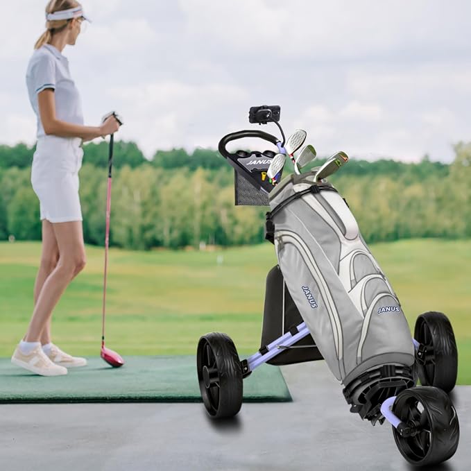 JANUS Golf Push Cart 3 Wheel, Foldable with One-Click Folding, Compact Golf Bag Cart, Wide EVA Wheels, Foot Brake, Elastic Wing Straps, Cooler Bag, Phone Holder or Gooseneck Holder