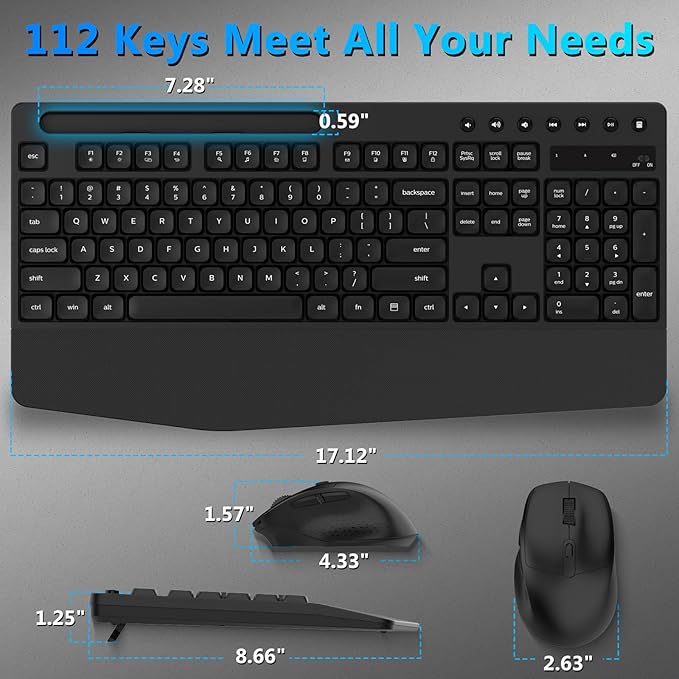 Wireless Keyboard and Mouse Combo, Full-Sized Ergonomic Keyboard with Wrist Rest, Phone Holder, Sleep Mode, Silent 2.4GHz Cordless Keyboard Mouse Combo for Computer, Laptop, PC, Mac, Windows