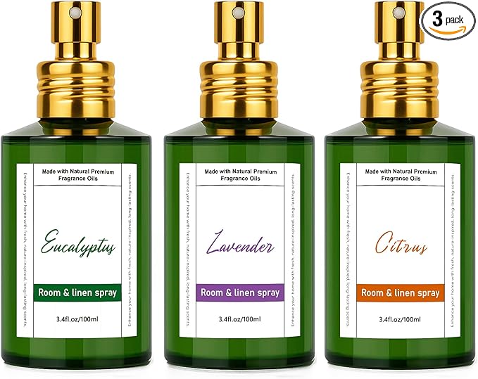 Room Spray Odor Eliminator 3 Pack, Natural Essential Oil Air Freshener Spray for Home Bathroom and Kitchen, Lavender, Citrus, Eucalyptus