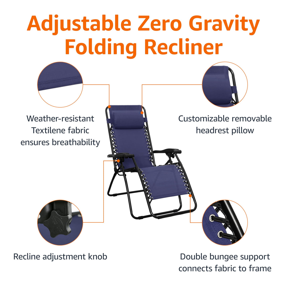 Amazon Basics Outdoor Patio Zero Gravity Lounge Chair with Pillow, Folding Reclining and Textilene Adjustable, Folding Lounge Lawn Chairs for Outside, 26", Blue