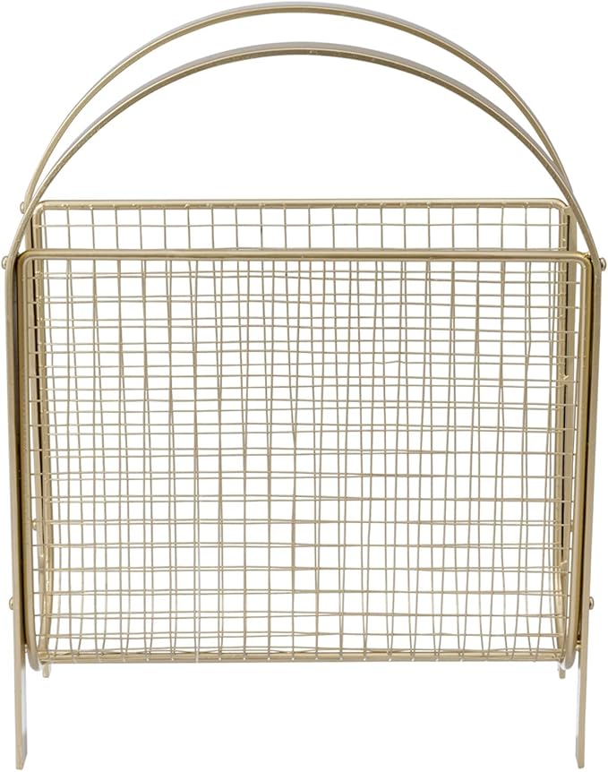 MyGift Mid-Century Design Magazine Rack, Matte Black Tone Metal Mesh Freestanding Magazine Organizer Holder Sling (Brass)