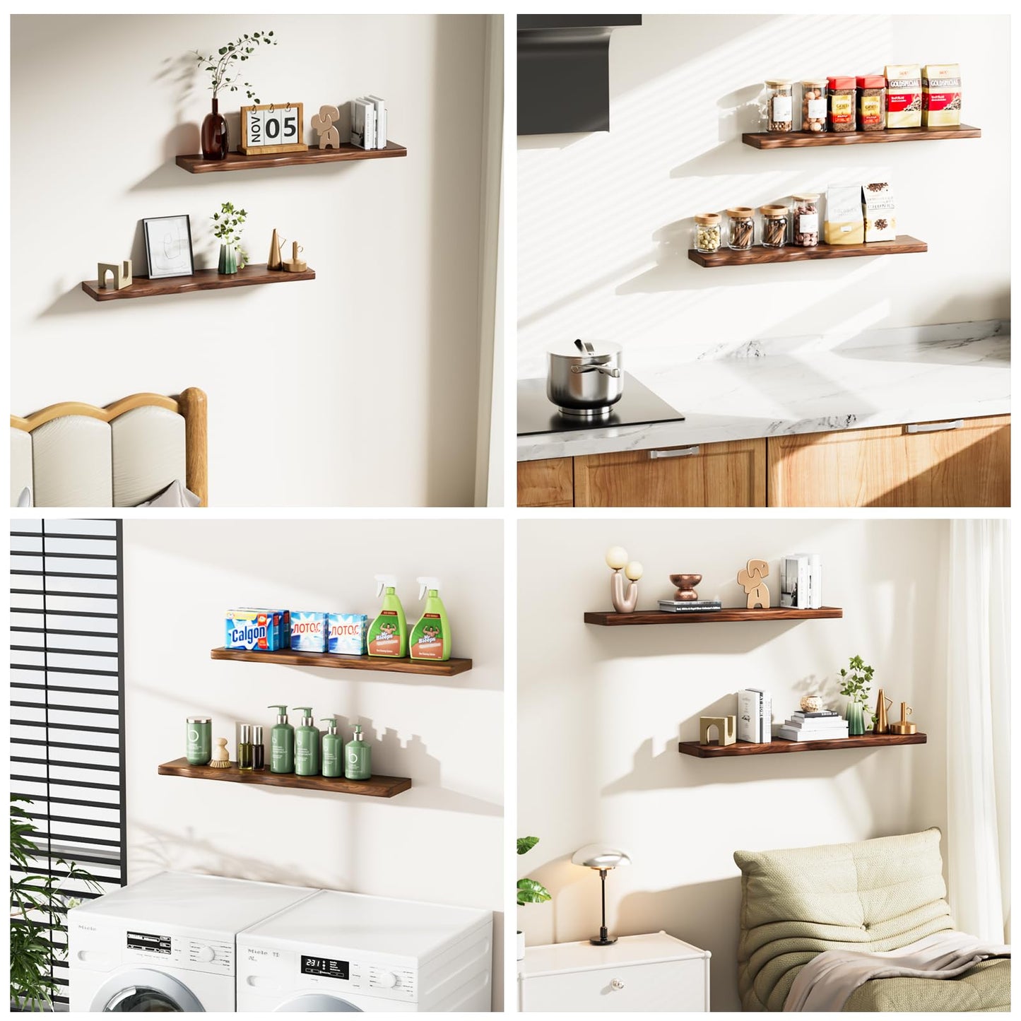 Avytronx Solid Wood Live Edge Floating Shelves Set of 2 – 36" Rustic Wall Shelf with Hidden Bracket System, Wall Mounted Shelves for Bathroom, Kitchen, Living Room, Bedroom (Walnut)