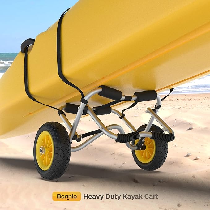 Bonnlo Kayak Cart Canoe Dolly Fishing Kayak Accessories Carrier Foldable Paddle Board Trolley Boat Trailer Transport with NO-Flat Airless Tires Wheels and 2 Ratchet Straps