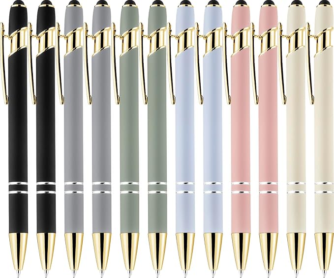 LINFANC 12 Pack Morandi Gold Ballpoint Pen with Stylus Tip, 1.0 mm Black Ink Smooth Writing Pens, Metal Stylus Pens for Touch Screens