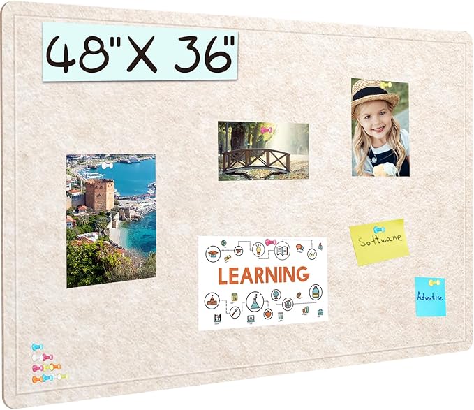 Large Bulletin Board, 48 X 36 inches Felt Board Notice Pin Board, 4' x 3'Cork Board Alternative for Wall, Self-Adhesive Vision Board Mood Board Foldable Photo Board with 30 Pushpin (Oatmeal)
