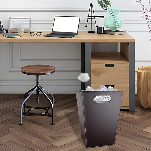 Leather Trash Can Bathroom Wastebasket, 16L/4.2 Gallon Office Garbage Can with Handles for Near Desk, Square Bedroom Waste Basket Bin for Home Dorm Decorative Brown