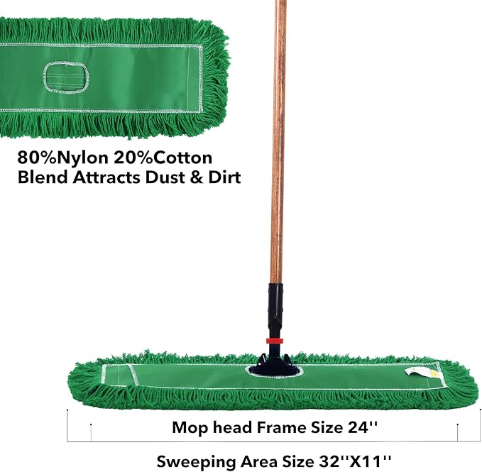 Matthew Cleaning 24'' Industrial Strength Cotton Dust Mop Refill Washable Replacement Heads for Residential & Commercial Use Fit Standard Dust Mop Frames, Hardwood,Concrete Floors Green 12 Pack