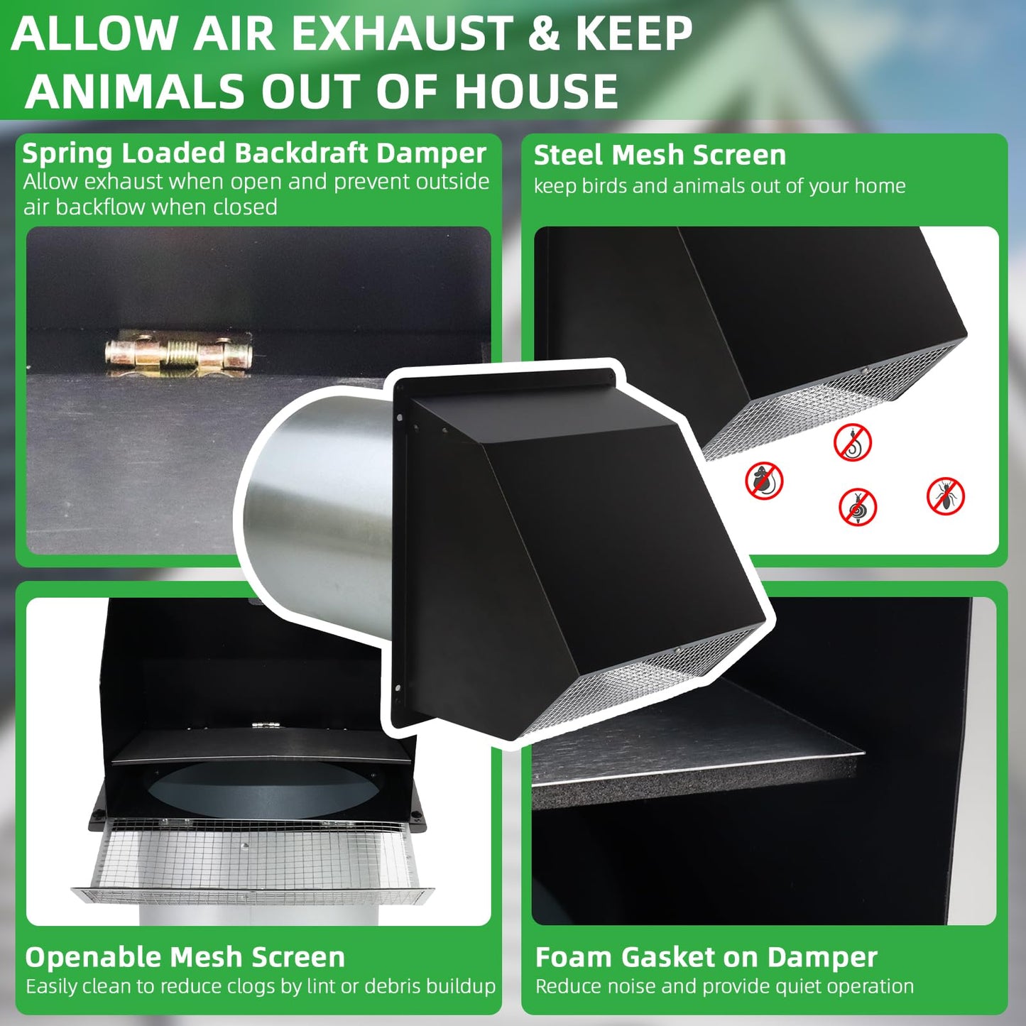 7Inch Wall Vent with Screen and Damper,Galvanized Steel Hooded Wall Vent Cover Cap Exhaust Vent Cover Outside,Exterior Vent Hood Outdoor for Kitchen Range Hood Laundry Dryer Bathroom Fan Duct Air Vent