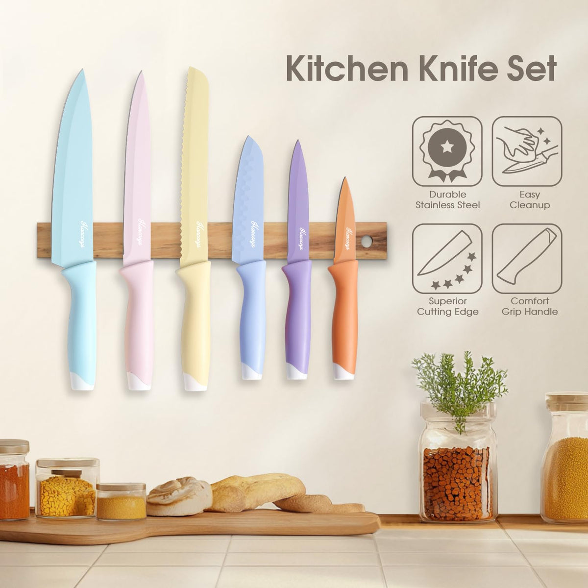 Hancorys Knife Set, 13 PCS Kitchen Knives Set with Nonstick Ceramic Anti-Rust Coating, Stainless Steel Chef Knife Sets with 6 Blade Guards, Dishwasher Safe, House Warming Gifts New Home