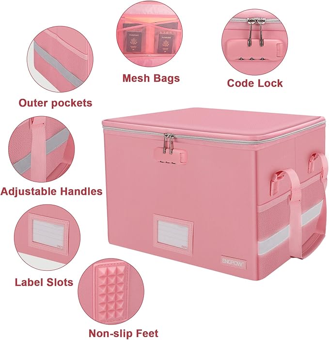 ENGPOW File Box with Lock, Fireproof Document Box with Zipper＆Pockets, Collapsible File Organizer Filing Storage Cabinet with Handle, Portable Home Office Safe for Hanging Letter/Legal Folder, Pink