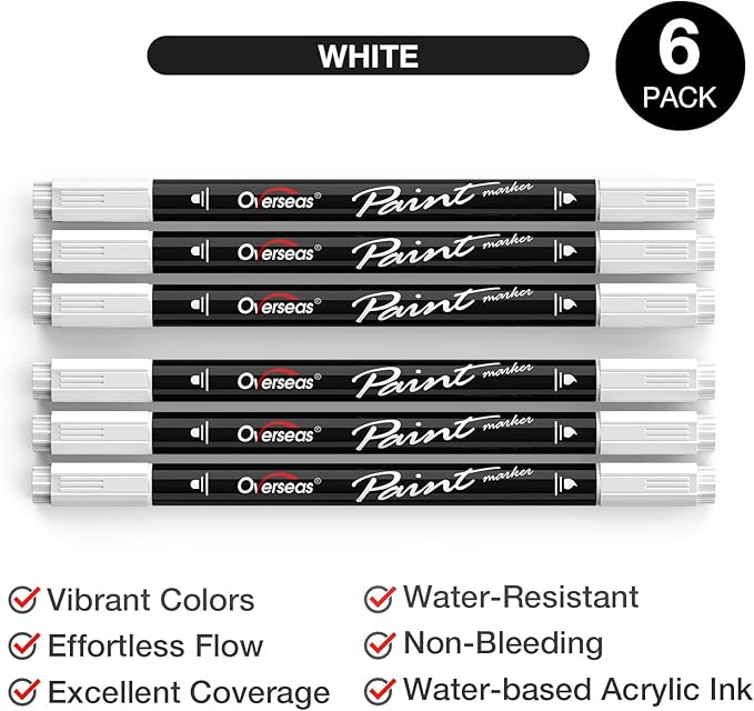 Overseas White Acrylic Paint Markers, 6 Pack Dual Tip Paint Pens Acrylic Markers - Dot and Brush Tip Coloring Marker for Wood, Rock, Canvas, Glass, Metal, Plastic, Rubber, Fabric, School Supplies