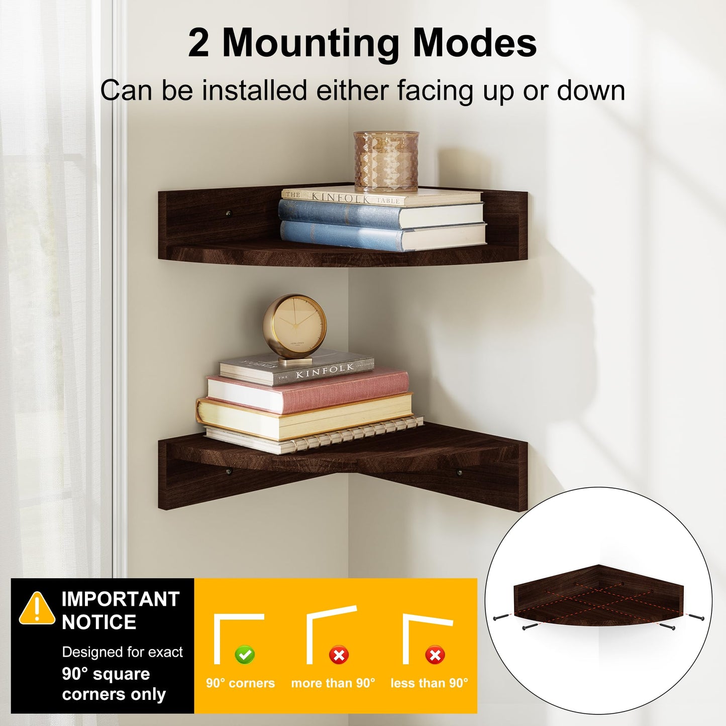 Alsonerbay Corner Shelf Wall Mount, Floating Shelves for Wall Storage and Display, Set of 4 Rustic Wood Shelves for Bedroom, Kitchen, Living Room, Nursery and Office (Dark Brown)