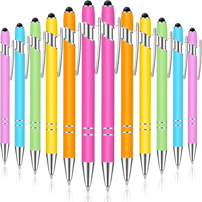 Tenare 12 Pieces 2 in 1 Stylus Metal Ballpoint Pen with Stylus Tip, 1.0 mm Black Ink Ballpoint Pen for Touch Screens(Light Color)