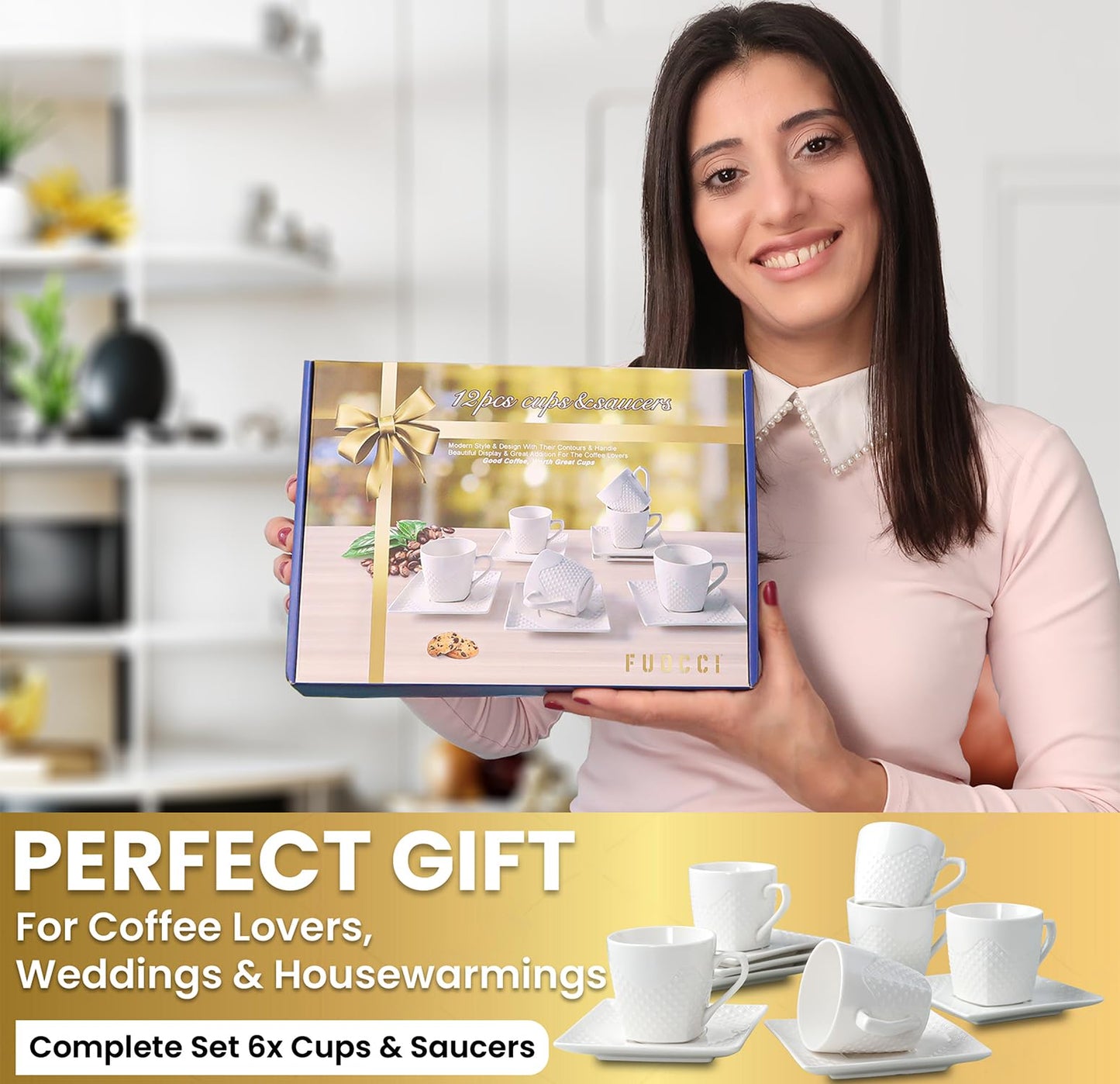FUOCCI Espresso Cups With Saucer - 3 oz (90 ml) Turkish Coffee Cup, Small Modern Embossed Porcelain for Expresso, Cuban & Arabic Coffee, Elegant White (Set of 6)