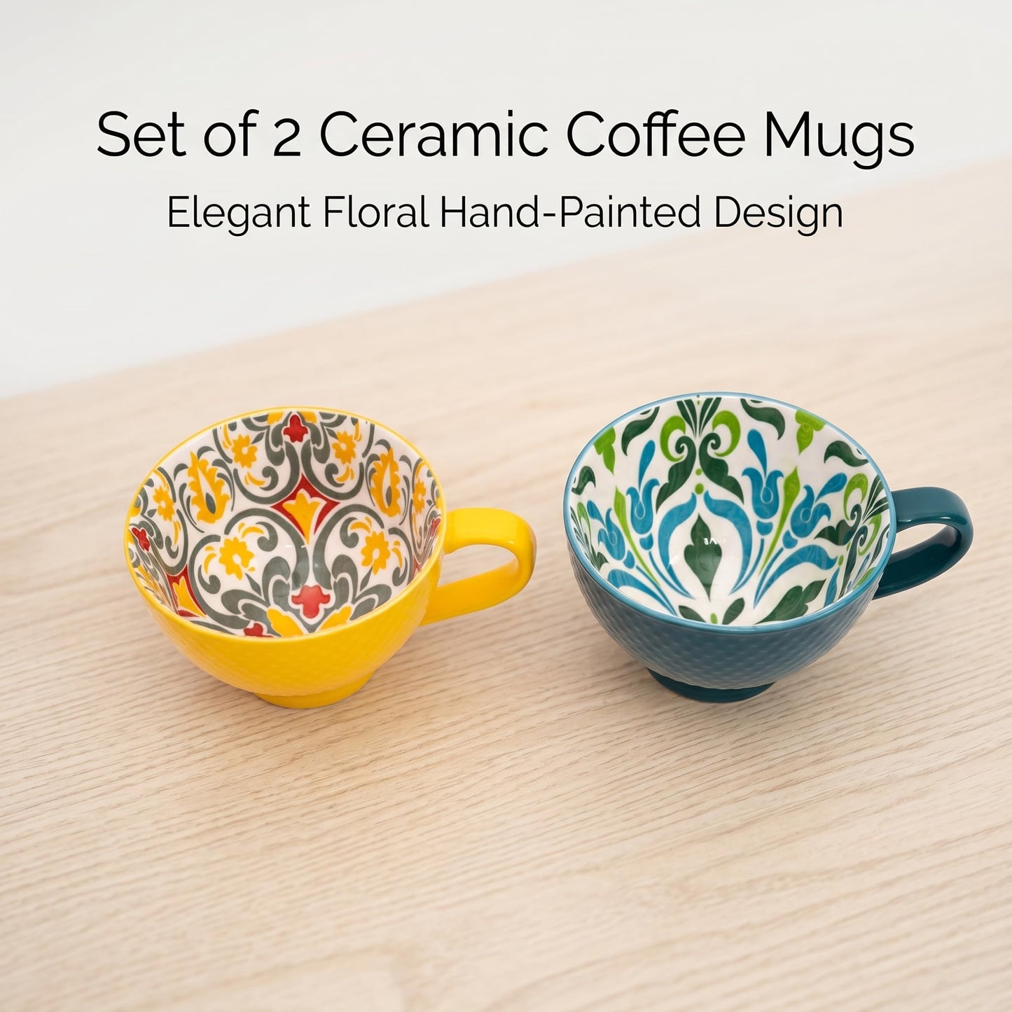 Topadorn Ceramic Coffee Mugs with Handle Set of 2, Hand-Painted Floral Pattern Ceramic Soup Mugs for Salad, Cappuccino, Cereal, Milk, Latte, Tea, Cocoa, Breakfast Oatmeal Cups(Green & Yellow)