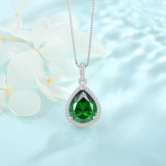 FJ Teardrop Pendant Necklace 925 Sterling Silver Birthstone Jewelry Gifts for Women