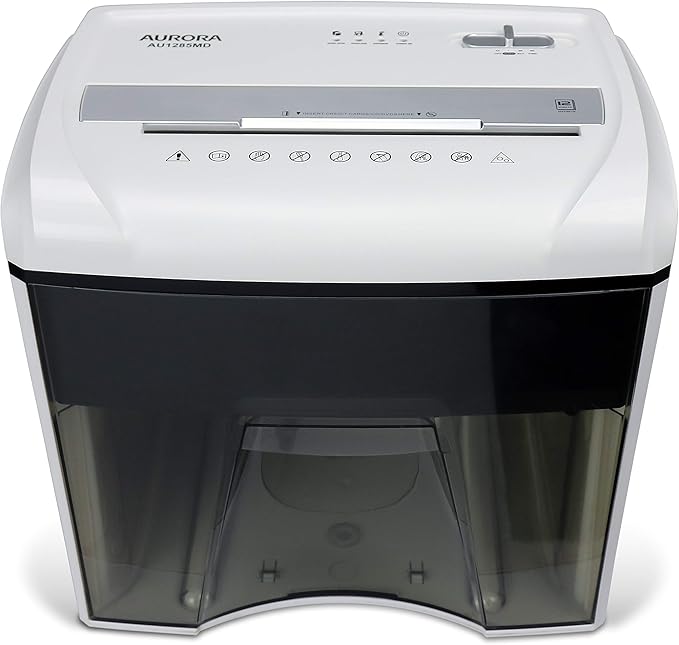 Aurora AU1285MD Compact Desktop-Style High Security 12-Sheet Micro-Cut Paper and CD/Credit Card/Junk Mail Pullout Basket Shredder, White/Black
