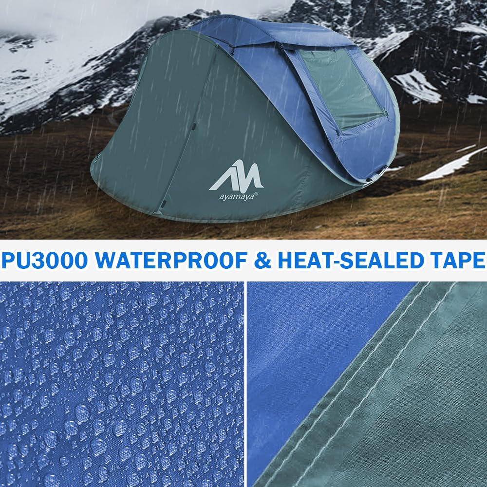 4 Person Pop Up Tents for Camping - AYAMAYA Waterproof Instant Family Tents with Skylight & Removable Rainfly, Upgraded Large Size with 2 Doors -Automatic Easy Setup Beach Tent with Poles