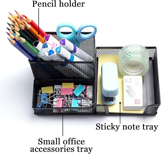 2 Pieces Pen Holder Mesh Metal Pencil Holder Desk Organizers Black for Desk Office with 3 Compartments Pencil Holders,Desktop Storage Caddy Organization,Suitable for School, Home,Black