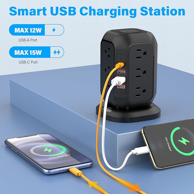 Power Strip with USB C Ports, AiJoy Surge Protector with 12 AC Outlet and 4 USB Ports, 10 FT Extension Cord, USB Charging Station with Overload Protection, Living Room, Office, Dorm