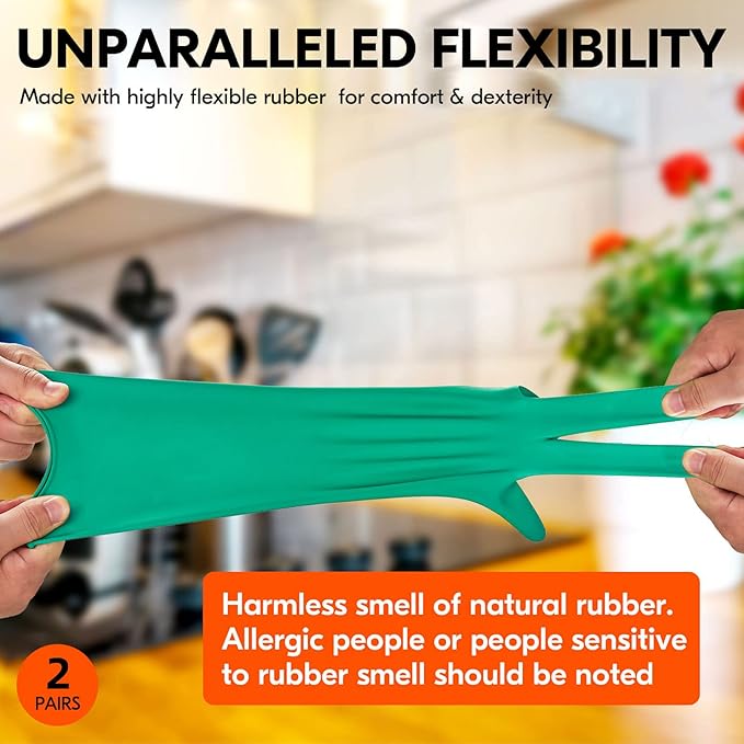Vgo... 2-Pairs Reusable Household Gloves, Rubber Dishwashing gloves, Extra Thickness, Long Sleeves, Kitchen Cleaning, Working, Painting, Gardening, Pet Care (Size L, Green, HH4601)