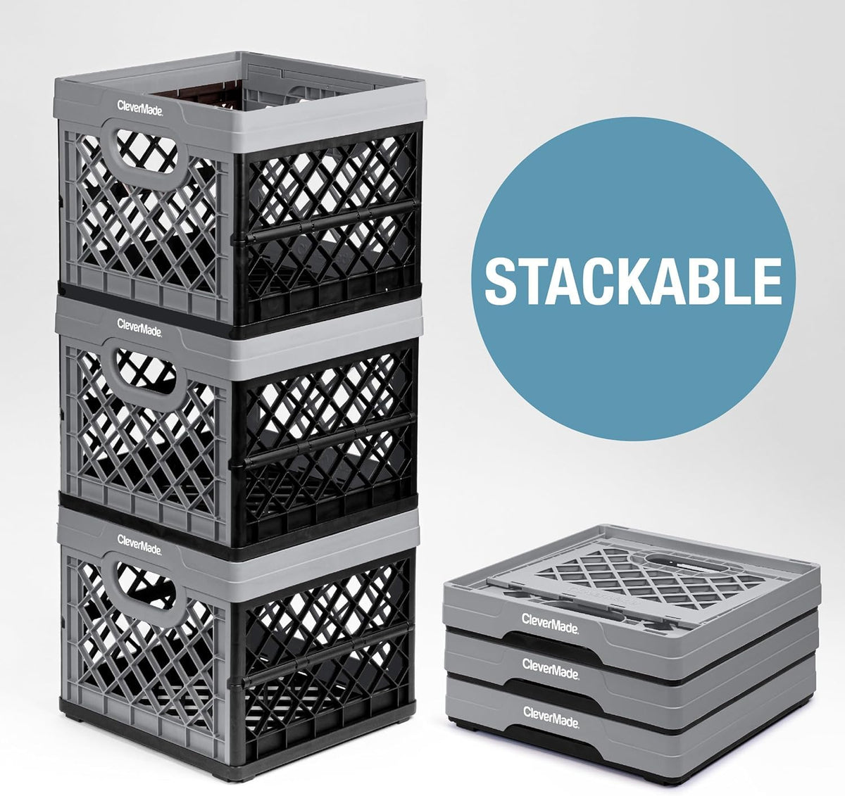 CleverMade Collapsible Milk Crate, Obsidian, 1PK - 25L (6 Gal) Stackable Storage Bins, Holds 50lbs Per Bin - Clevercrates are Heavy Duty, Plastic Collapsible Storage Crate for Multi Purposes