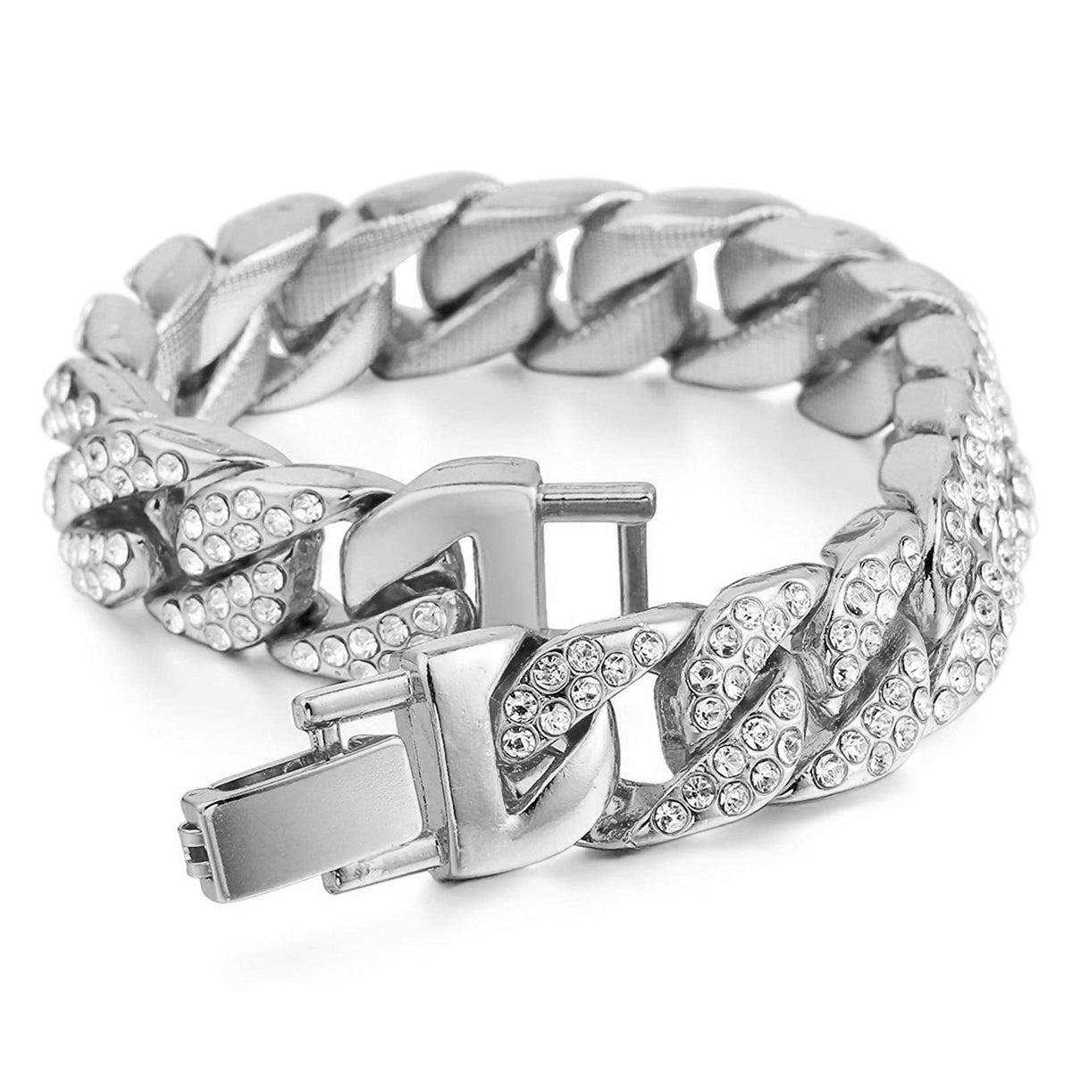 Aiyo Nice Mens Womens Cuban Link Bracelet Hip Hop Bracelet Stainless Steel Chain Bracelet Iced Out Curb Cuban 18k Gold Plated Bracelet With Clear Rhinestones (A-Silver)