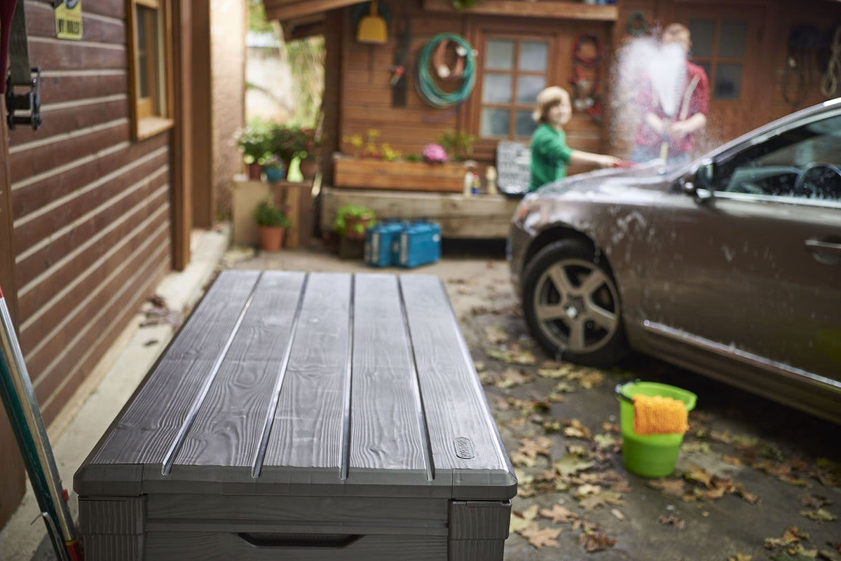 Keter Brightwood 120 Gallon Resin Large Deck Box for Patio Garden, Outdoor Cushion Storage, Pool Accessories, Tools, Grey