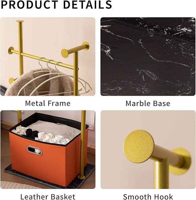 Coat Rack Freestanding with Storage Basket Heavy Duty Clothes Rack Marble Base Modern Coat Stand for Bedroom Living Room Hotel 13.39" D x 19.69" W x 68.9" H (Gold)