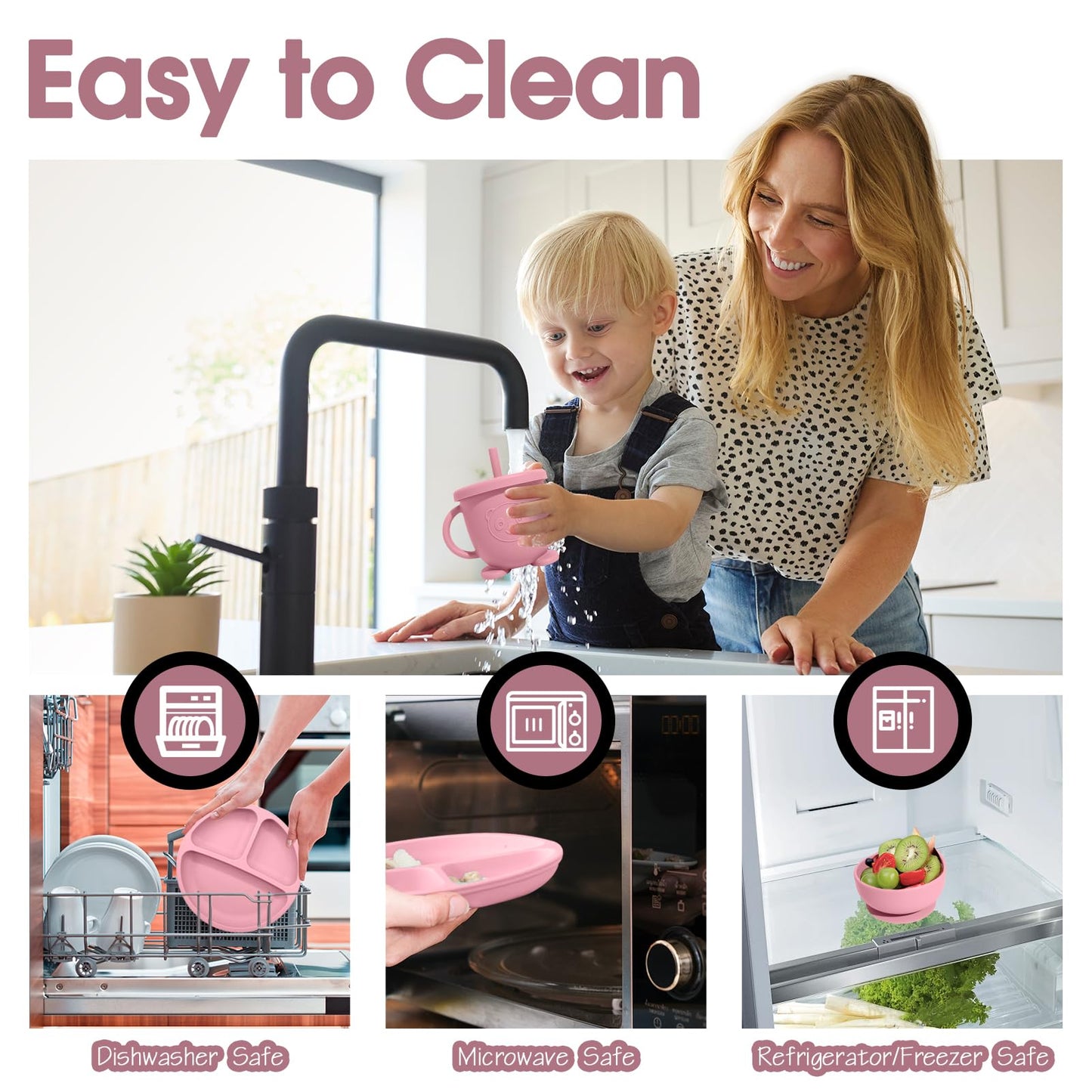 Baby Led Weaning Supplies, 8 Piece BPA-Free Silicone Feeding Set, Silicone Suction Bowl, Forks & Spoons, Bib & Cup, Develops Self Feeding Skills, Dishwasher Safe, for 6+ Months (Pink)