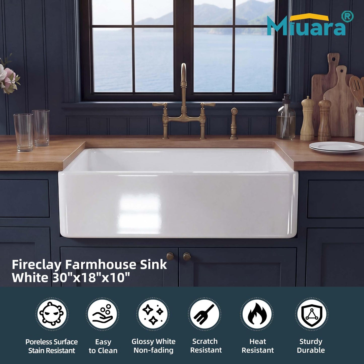 Miuara Farmhouse Sink 30 Inch - White Apron Front Kitchen Sink Reversible 30"x18", Undermount Farm House Style Single Bowl, Heavy Duty Solid Fireclay, Glossy White, for Kitchen & Laundry