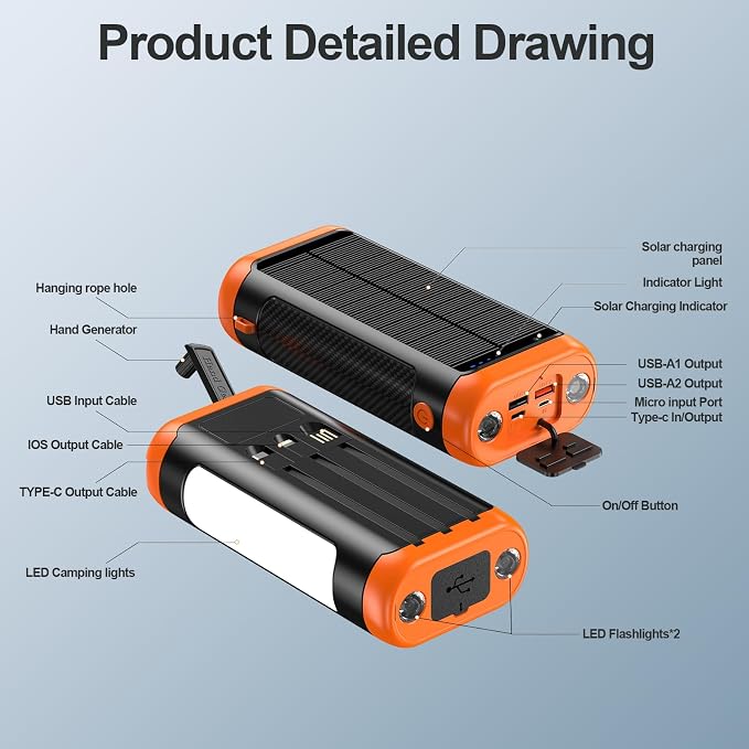DJKK Solar Power Bank Portable Charger:66800mAh Built in Hand Crank and 3 Cables 22.5W Fast Charging Phone External Battery Pack(5 Outputs & 5 Inputs) with Camping Flashlights/Table Lamp/Compass