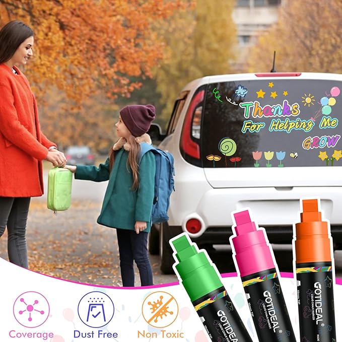 GOTIDEAL Window Markers for Glass Washable,Jumbo Chalk Markers for Blackboard,Car Marker for Auto,Chalkboard,Glass,Mirror,Calendar,School Painting,18 Colors Car Paint Pens with Metallic Colors(10mm)