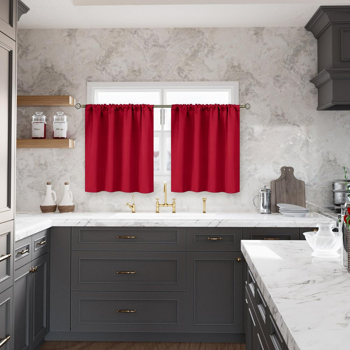 BGment Red Short Blackout Curtains 36 Inches Length for Kitchen Window - Rod Pocket Thermal Insulated Room Darkening Drapes Privacy for Bedroom Cafe Bathroom, 2 Panels, 42 x 36 Inch