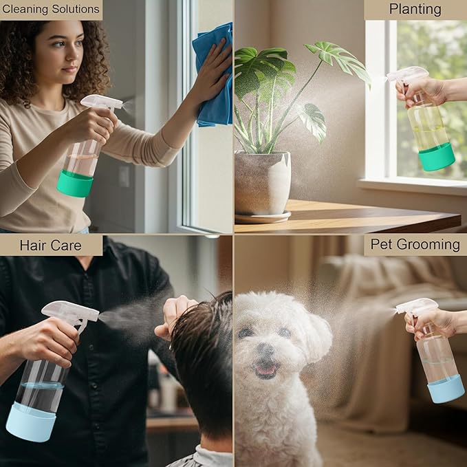 Glass Spray Bottles with Silicone Sleeve 16.9oz 2 Pack Empty Spray Bottle for Hair Mist/Stream Spraying for Cleaning Solutions, Plants, Essential Oils (clear-qblue&green)