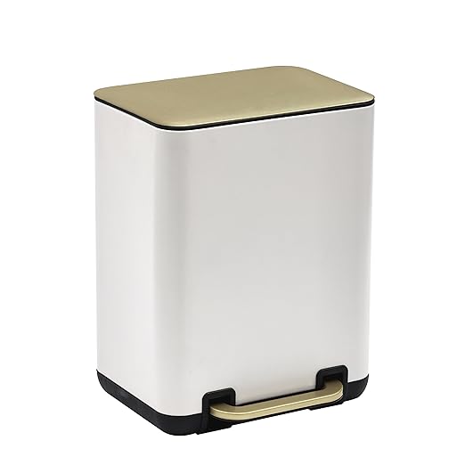 SunnyPoint 6 Liter(1.58 Gallon) Small Trash Can with Plastic Inner Buckets; Rectangle Bathroom, Office, Kitchen, and Bedroom Step On and Slow Close (WHT+Gold)