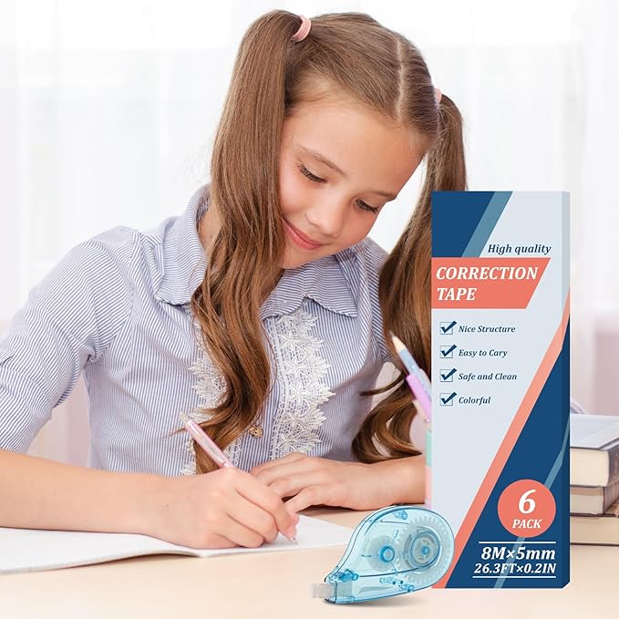 White Correction Tape Whiteout Correction Tape - Easy to Use, Instant Correct Wrong Writing at Anytime, Writing Supplies for Office and School - 6 Packs