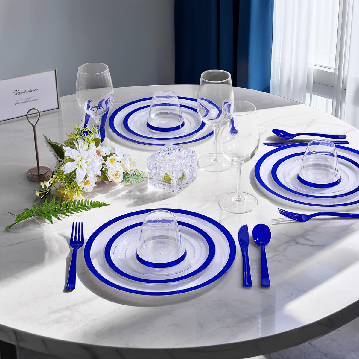 I00000 350 Pcs Dark Blue Plastic Plates,Clear Disposable Plates for 50 Guests,Blue Dinnerware Include 50 Dinner Plate 50 Dessert Plate,50 Cups,50 Pre Rolled Napkins with Cutlery Set for Party,Wedding