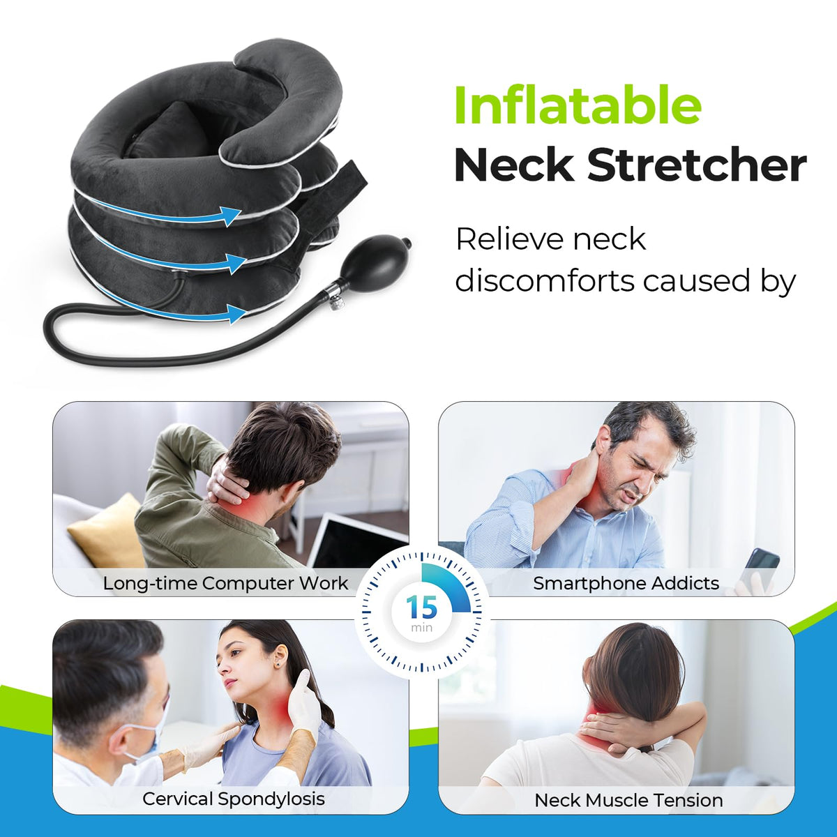AUVON Inflatable Neck Stretcher for Cervical Traction, Cervical Stretcher with 3-Layer Design in Varying Sizes for Instant Relief, Neck Brace Pillow for Neck Support, Decompression Home Use, M Size