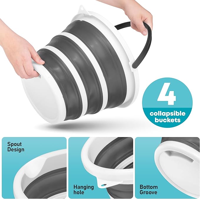Superio Collapsible Bucket 2 Gallon Bucket with Handle Grey Car Wash Bucket Small Foldable Silicone Pail for Camping, Fishing, Cleaning, Mopping, 10 Liter, 4