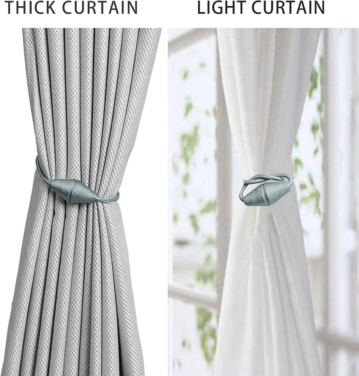 2 PCS Magnetic Curtain Tiebacks, European Style Convenient Drape Tie Backs Holdbacks for Thin or Thick Home & Office Window Draperies, No Tools Required (Grey Blue)