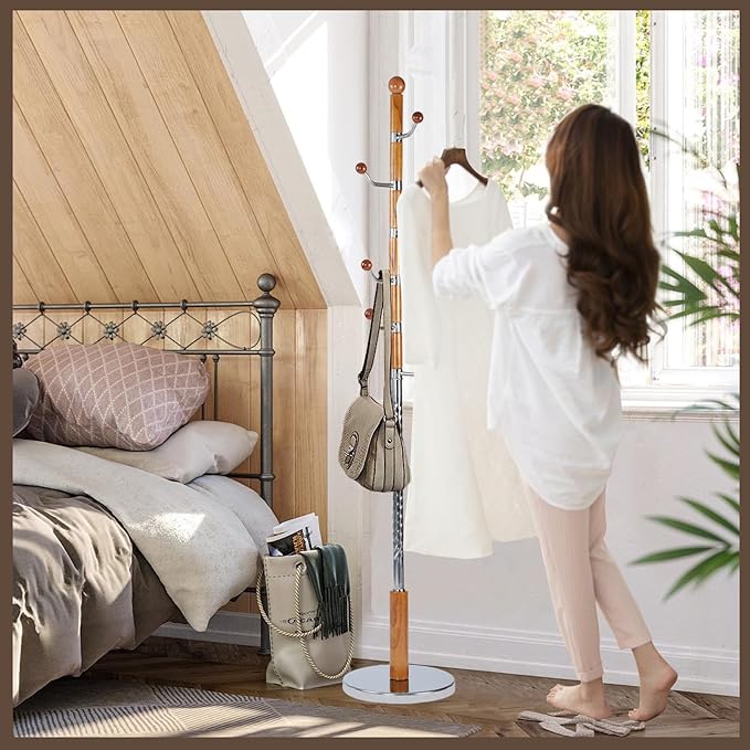 Wooden Coat Rack Freestanding, Vintage Coat Racks with Sturdy Round Base, Adjustable Height 37.40"-72.83" Entrance Coat Rack for Bedroom Living Room Entryway (Solid Wood Metal Hook)