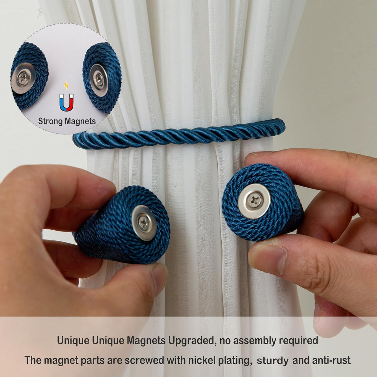 Magnetic Curtain Tiebacks 4 Pack Outdoor Rope Curtain Tie Backs Decorative Window Treatment Holdbacks for Home Decorative Curtain, Blue