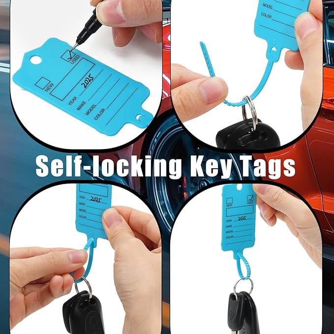 200 Car Key Tags with Labels Plastic Car Dealership Key Tags Self Locking Automotive Identifiers Blank Shop Labels with One Pen (Blue)