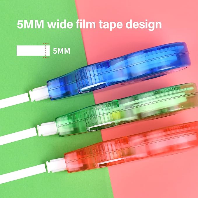 White Correction Tape, Easy To Use Applicator, Fast Clean Tear-Resistant Tape For school Supplies, Office (9-pack, 5M/196, Red, Green, Blue, Tape Width 0.2in)