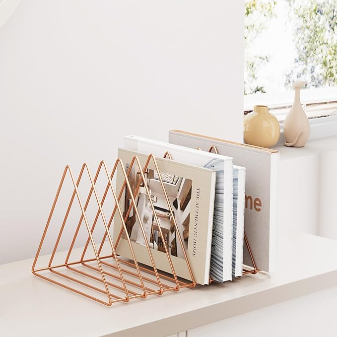 Urban Deco Triangle Desk Organizers Metal Wire Magazine Holder 10 Sections Decorative File Folder Organizer Vinyl Record Storage Office File Organizer For Desk - Rose Gold Magazine File Holder