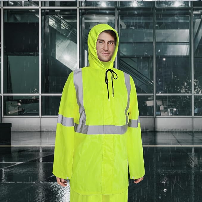 High Visibility Rain Suit - Waterproof Jacket and Pants with Hood, Class 3 Lightweight Hi Vis Rain Gear for Outdoor & Safety Work, Men Women, Yellow B, L-XL