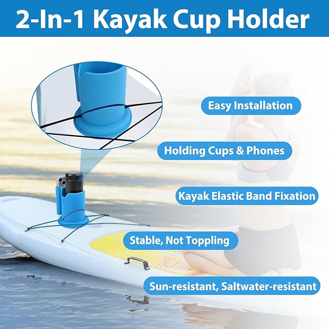 Paddleboard Cup Holder, Paddle Board and Kayak Drink Holder, 2-in-1 Drink & Phone Holder, Paddleboard Accessory for Surfboards, Canoes, SUPs, Kayaks, Boats (Blue)