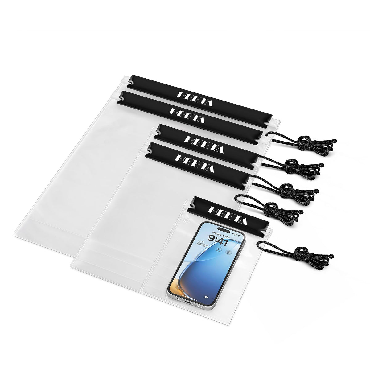 HEETA 5-Pack Clear Waterproof Dry Bag, Water Tight Cases Pouch Dry Bags for Camera Mobile Phone Maps, Kayaking Boating Document Holder (Black)